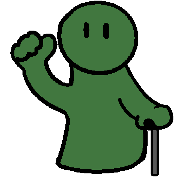 A green figure pointing to themselves with one hand, and a cane in the other.